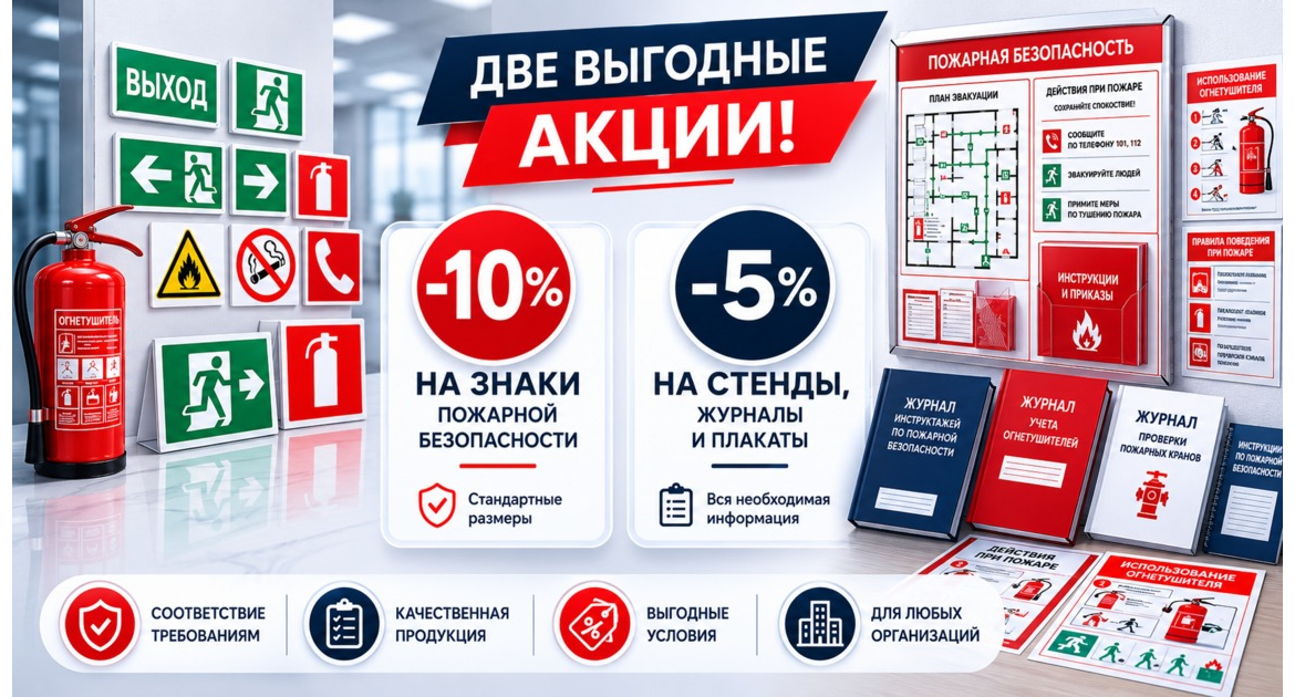 Акции июня на продукцию по пожарной безопасности: скидки на знаки, стенды, журналы и плакаты