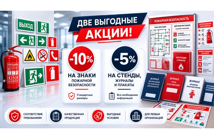 Акции июня на продукцию по пожарной безопасности: скидки на знаки, стенды, журналы и плакаты