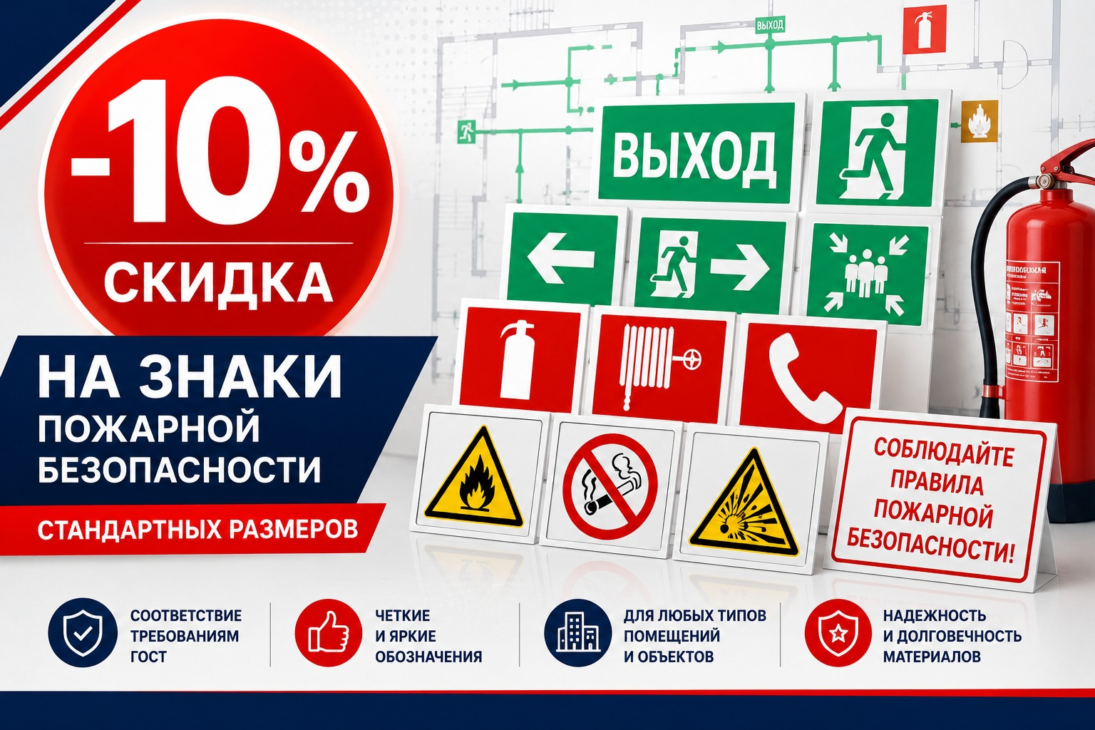 Скидка -10% на знаки пожарной безопасности стандартных размеров